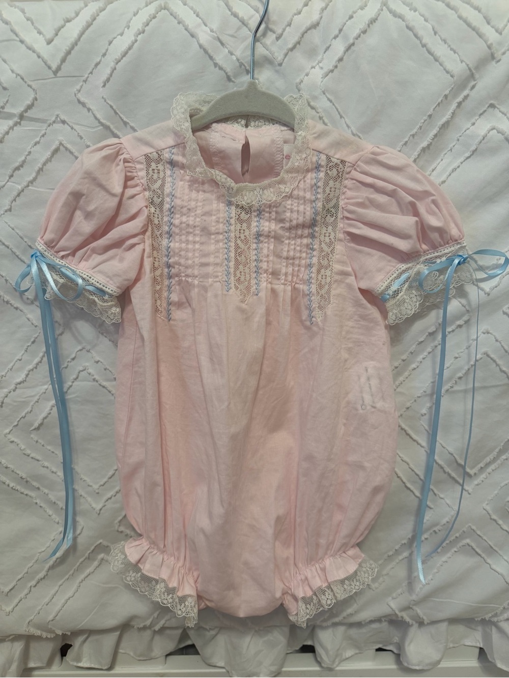 Cecil and Lou heirloom Pink Vintage-Inspired Baby Romper with Lace & Blue Ribbon